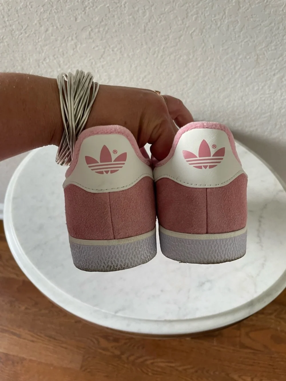 Adidas Gazelle in the Pink Glow/Cloud‎ White colorway Women’s Size 7 1/2